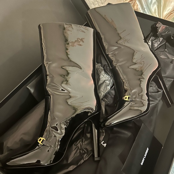 SAINT LAURENT ANKLE BOOTS LALA WOMEN PATENT LEATHER BLACK - Picture 9 of 10